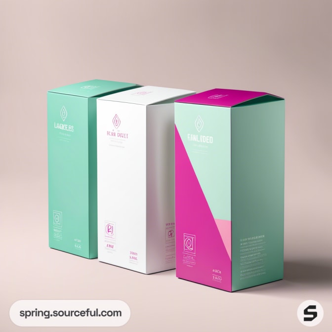 Three colorful rectangular boxes with teal, white, and pink designs set against a neutral background.