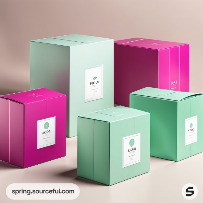 Various pastel pink and green mailer boxes arranged on a beige backdrop.