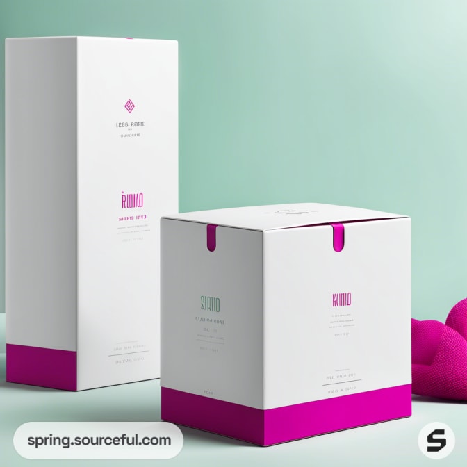 Two white boxes with pink accents against a green backdrop.