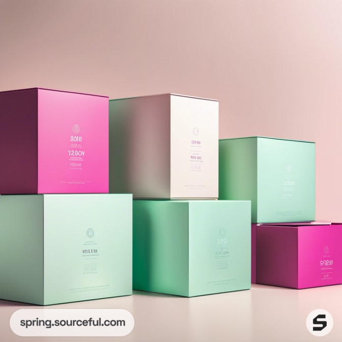 Stacked square boxes in pastel pink and green shades on a light background.