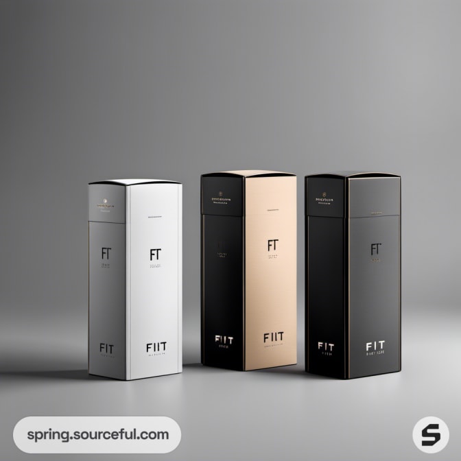 Trio of tall rectangular boxes in black, white, and gold.