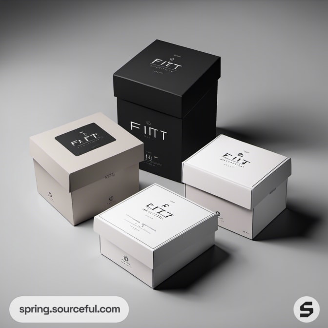 Stacked square boxes in black and white with lids.