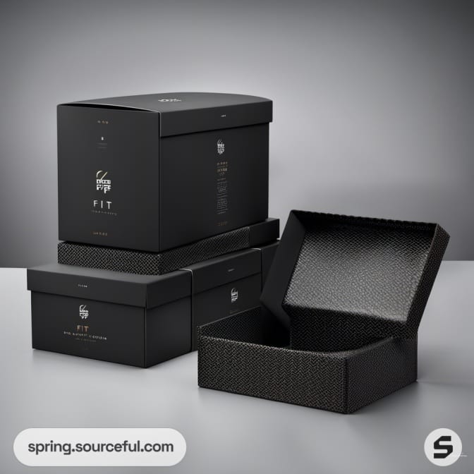 Luxury black boxed packaging with textured interior.