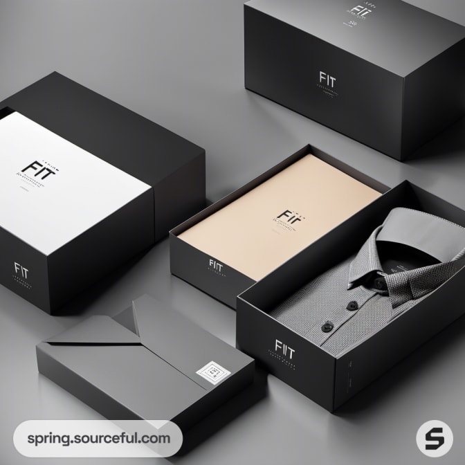 Elegant black and gray shirt in branded box packaging.
