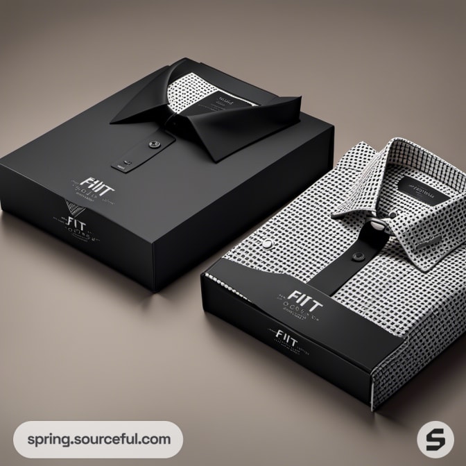 Black and white shirts in sleek boxed packaging.