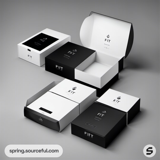 Open black and white boxes with 'FIT' logo on lids.