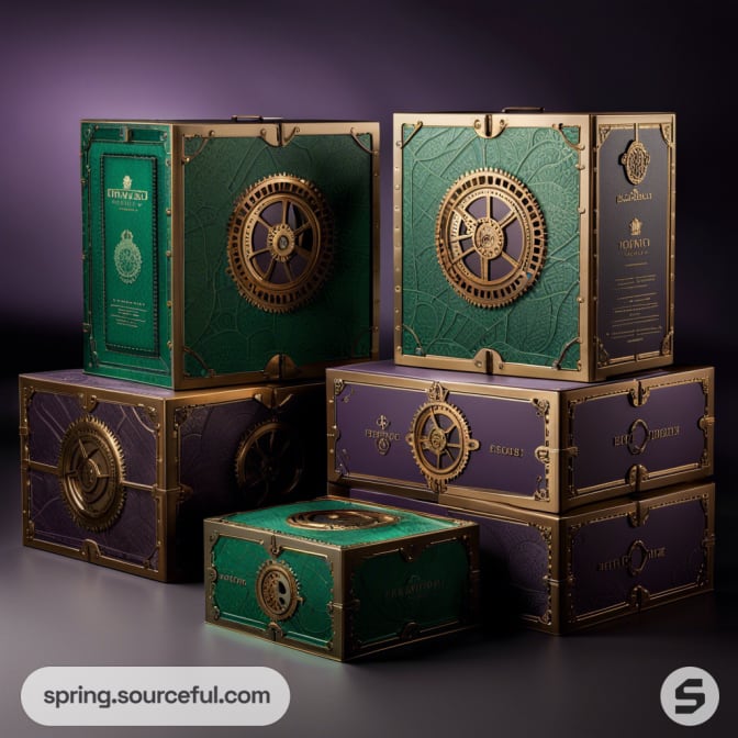 Stacked luxury boxes with intricate gold designs and green accents on a dark background.