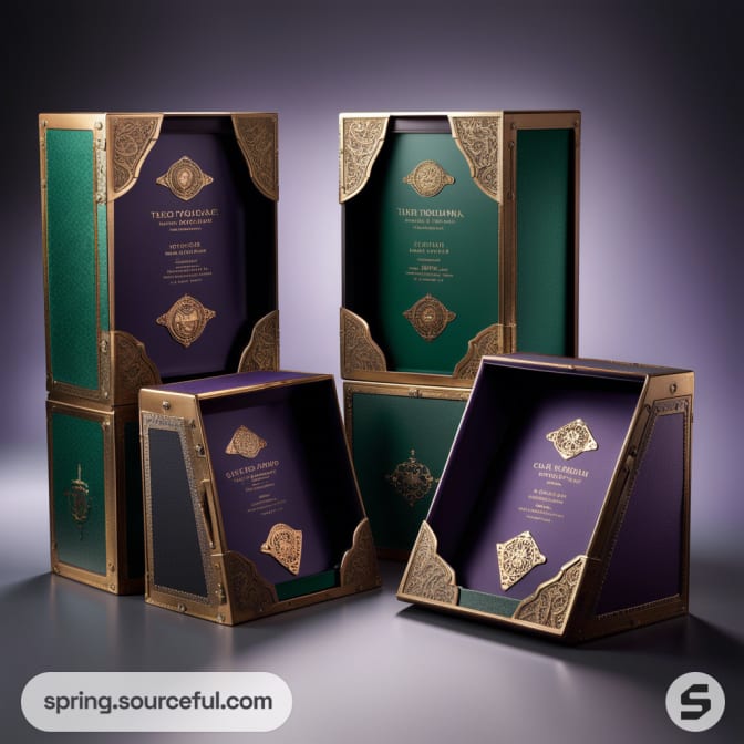 Luxurious green and purple gift boxes with gold accents and ornate decoration.