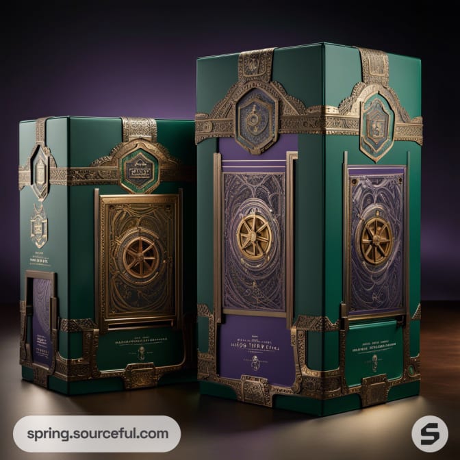 Luxurious green and purple packaging with ornate gold detailing and geometric designs.