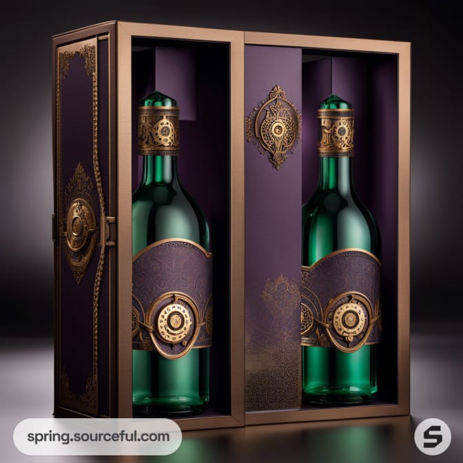 Opulent gift box with two green glass bottles, featuring ornate gold details and a dark purple exterior.