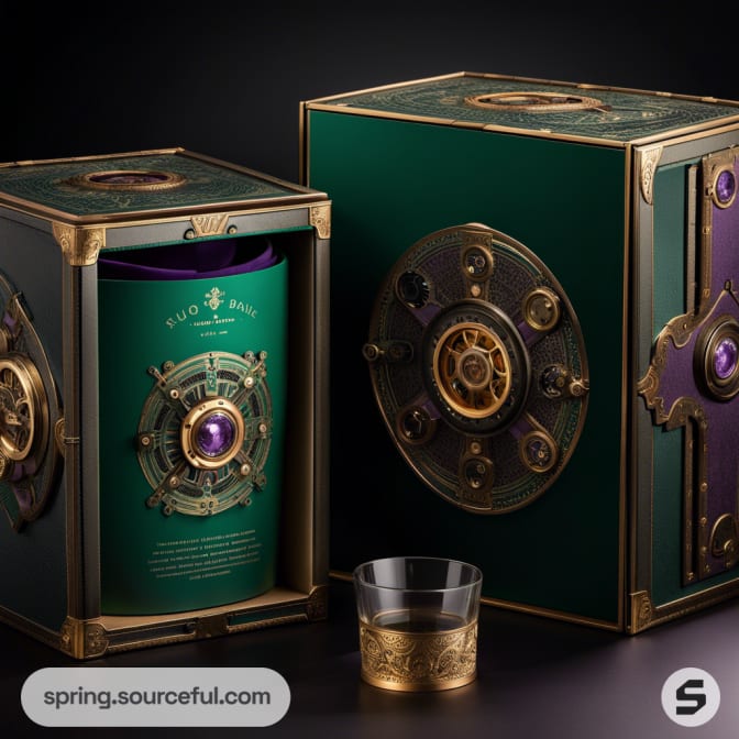 Elaborate green and gold packaging with mechanical design, containing a glass with a purple container inside.