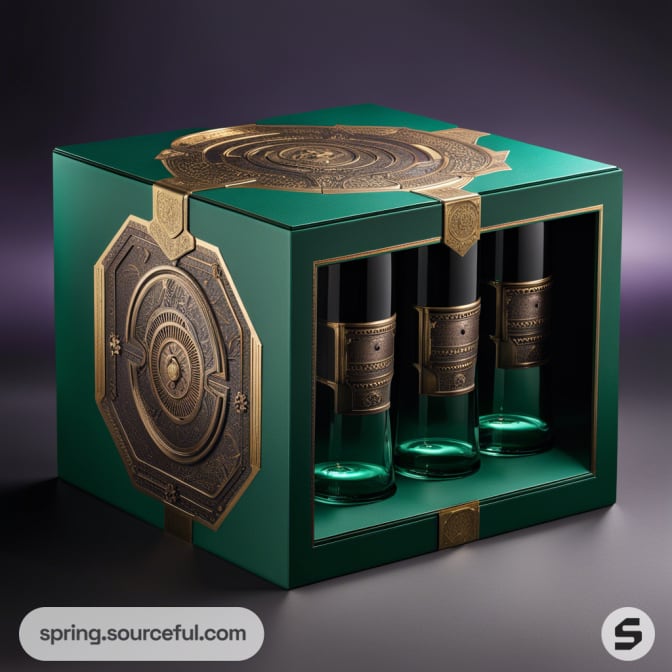 Green box with ornate bronze accents holding three elegant bottles.