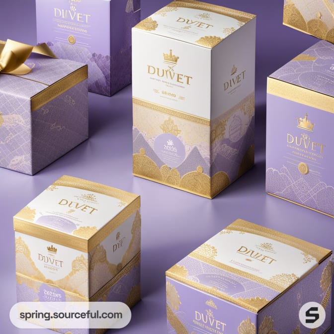 Luxurious purple and gold packaging boxes with elegant crown and geometric designs on a lavender background.