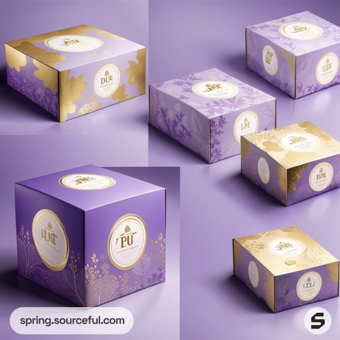 Purple and gold decorative boxes with floral patterns on a lavender surface.