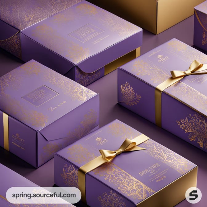Purple gift boxes with gold floral designs and gold ribbons on a purple background.