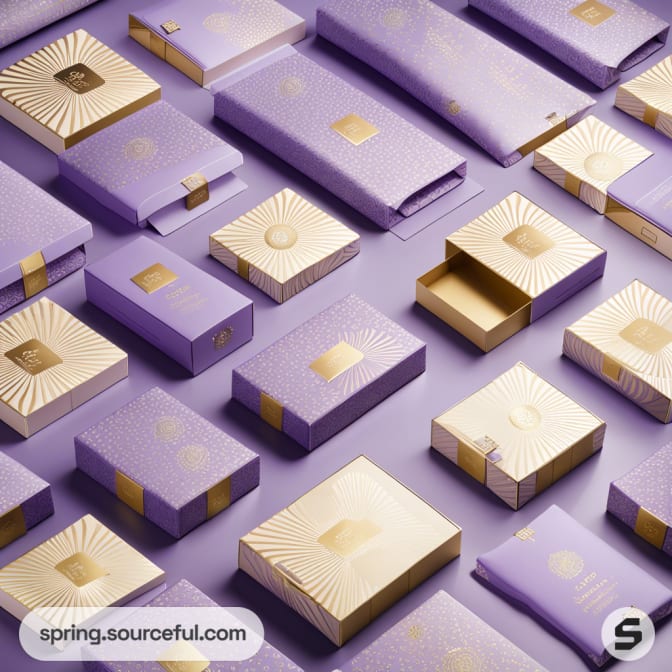 Assorted purple and gold gift boxes with sunburst patterns on a purple surface.