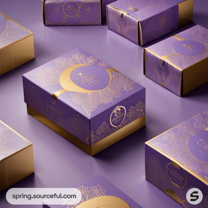 Purple and gold gift boxes with intricate patterns on a purple surface.