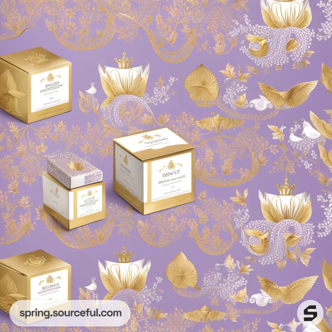 Purple floral gift box with gold accents and detailed botanical illustrations.