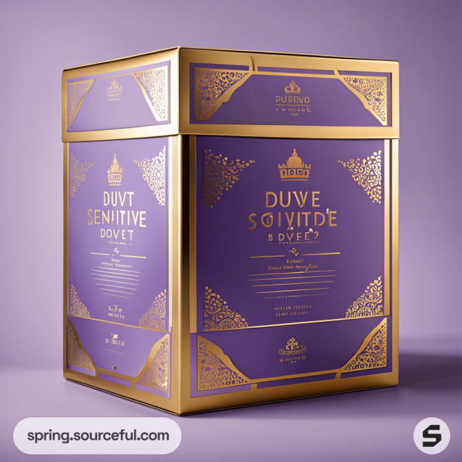 Luxury purple and gold duvet box with ornate patterns on a purple background.