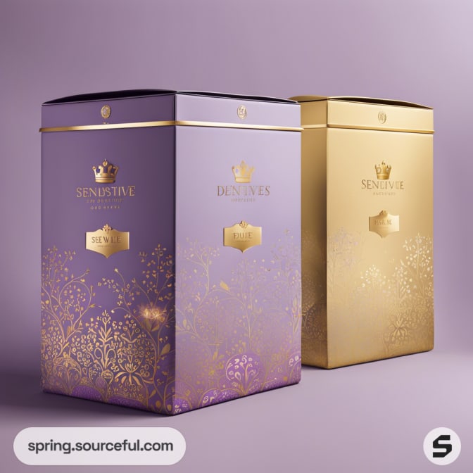 Two elegant rectangular boxes, one purple with floral patterns and one gold, both with a luxury style and crown symbols.