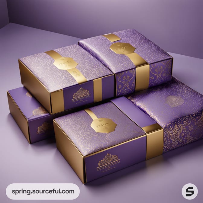 Purple gift boxes with gold accents on a lavender background.