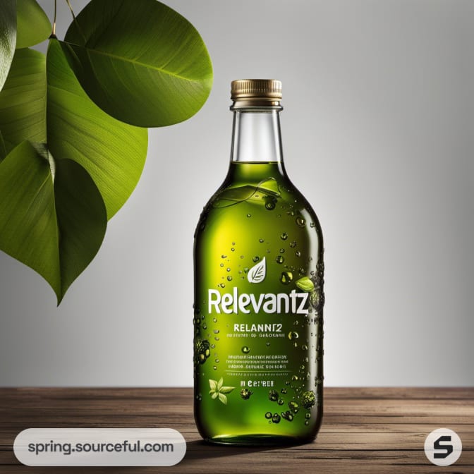 Green glass bottle with gold cap and leaf design, on wooden surface with green plant leaves in background.