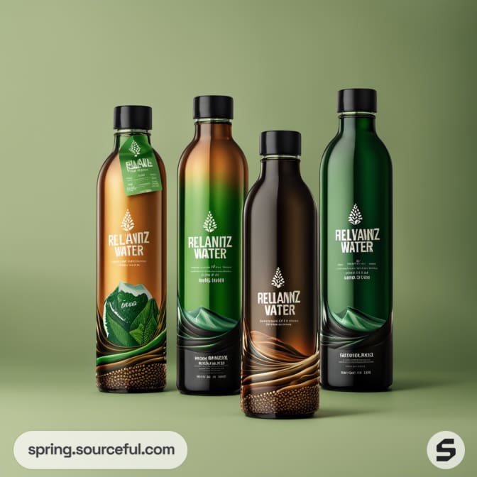 Set of four bottles with varying colors, black caps, green and brown shades, on a light green background.