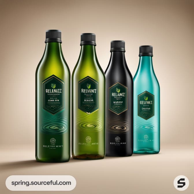 Four glass bottles with dark and light green, brown, and blue shades, on a beige background.