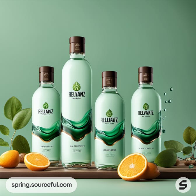 Four green-tinted bottles with wood caps surrounded by oranges and green leaves.