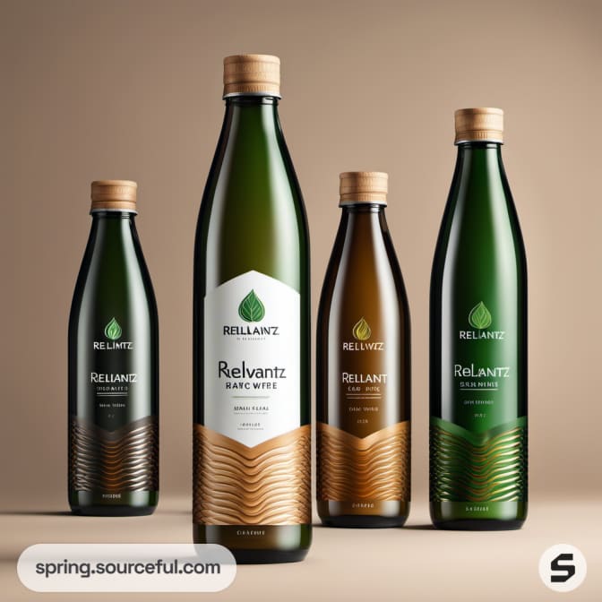 Four tall glass bottles with wood caps and green and brown hues, on a beige background.