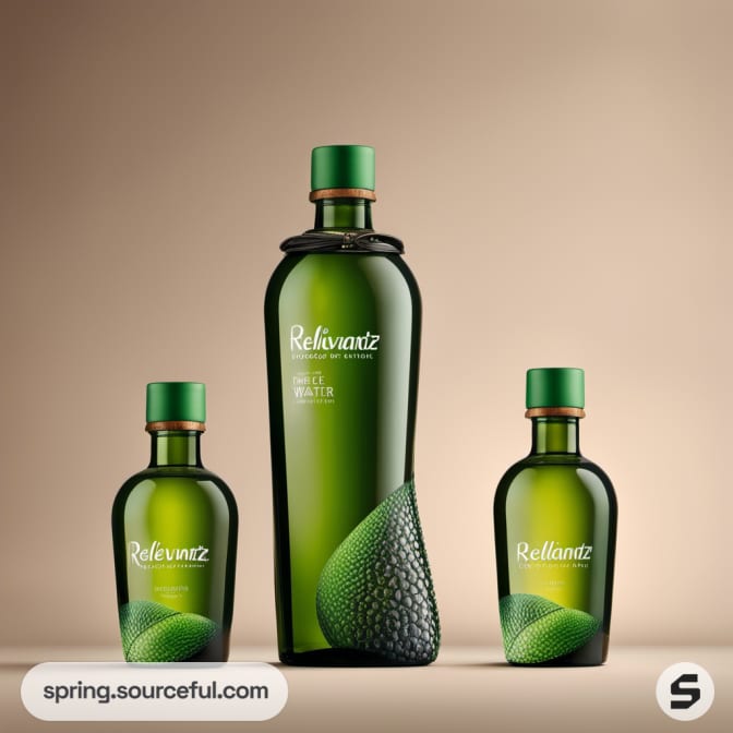 Three green glass bottles with green caps, featuring a green texture design, on a wooden surface.