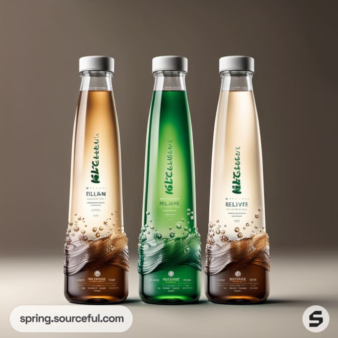 Three slender glass bottles with clear, green, and brown shades featuring wave design, on neutral background.