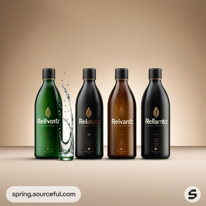 Four colored glass bottles; green, brown, and black shades with leaf motifs on a light brown background.