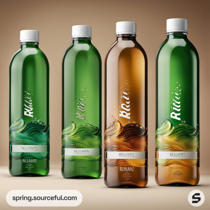 Four tall bottles; two green, one brown, with a wavy design on a golden background.