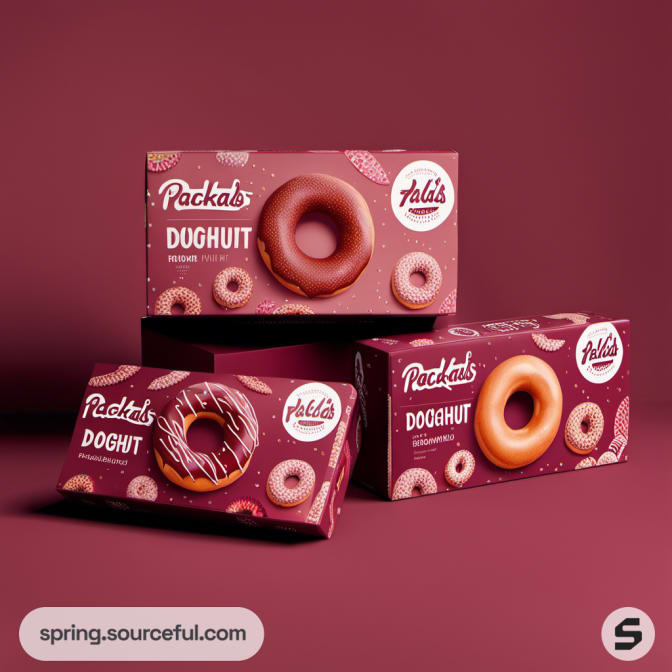 Maroon doughnut boxes with various designs