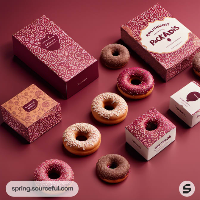 Assorted doughnut boxes and doughnuts on pink