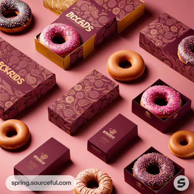 Pink and brown doughnut boxes with doughnuts