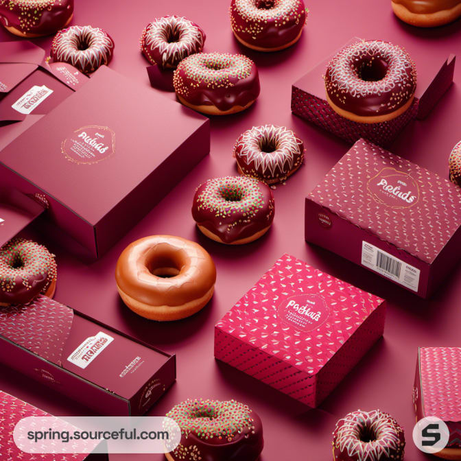 Various pink doughnut boxes with doughnuts