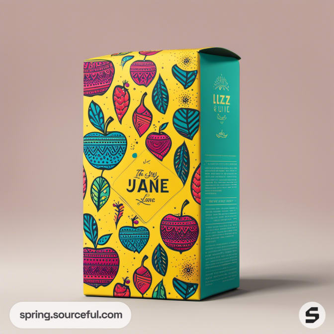 Colorful mailer box with fruit illustrations on a yellow background.