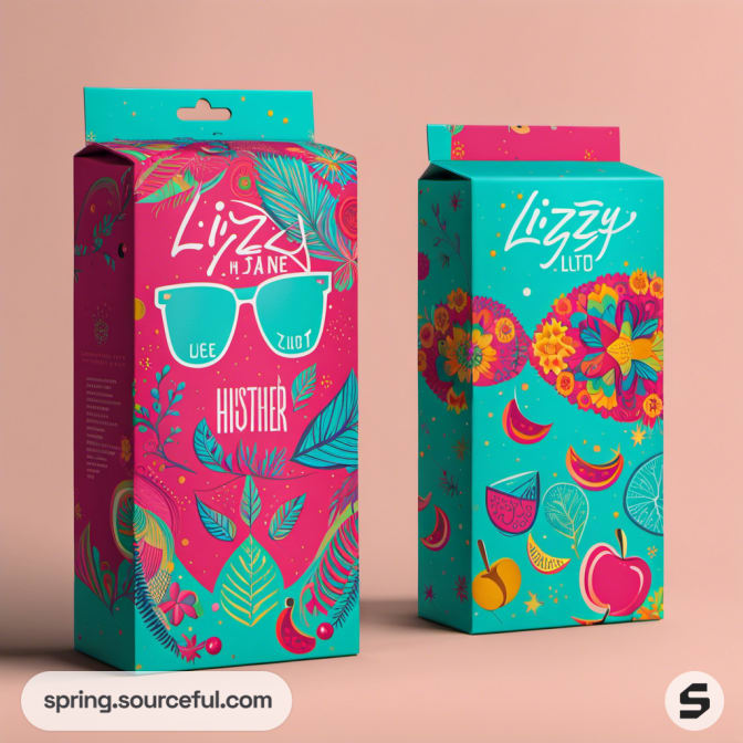 Brightly styled teal and pink product packaging with floral designs.