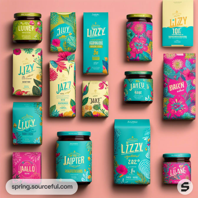 Various jars and pouches with vibrant floral patterns and teal accents.