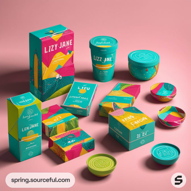 Geometric and nature-themed packaging in vibrant pink and teal colors.