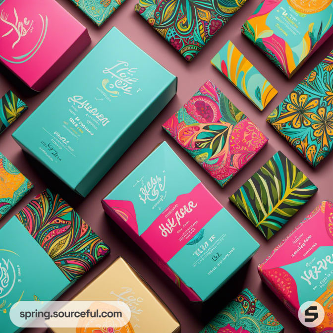 Boxes with intricate floral and leaf designs in bright colors.