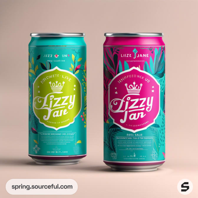 Teal and magenta cans with botanical illustrations and bold text.