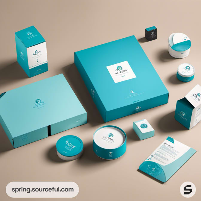 Turquoise packaging box collection on a beige background.