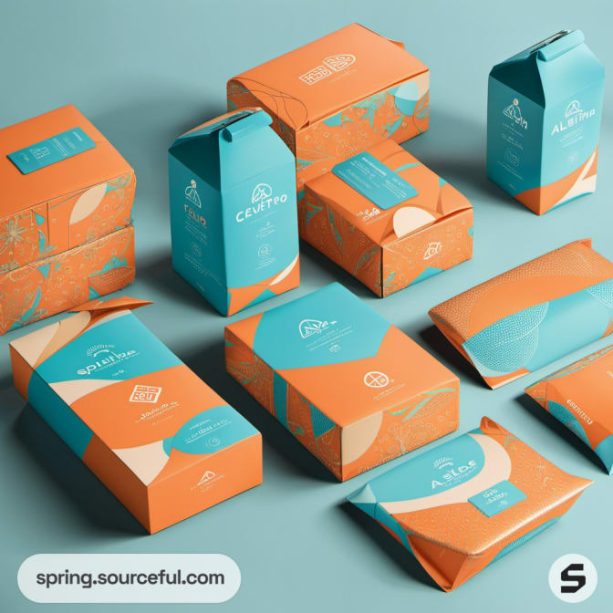 Orange and teal packaging with geometric patterns.