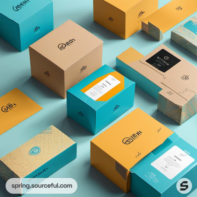 Teal and orange packaging boxes on blue background.