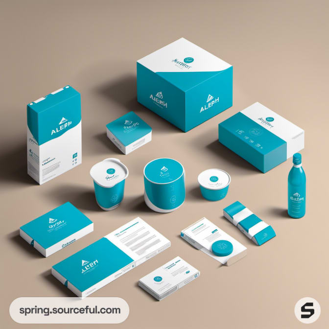 Turquoise and white product packaging collection.