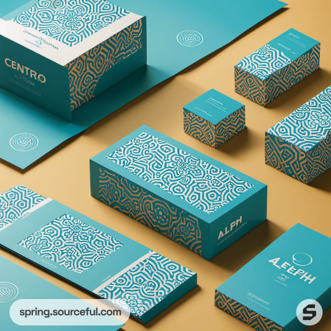 Patterned turquoise packaging on a gold surface.