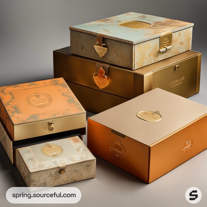 Stacked luxury boxes with metallic finishes and ornate clasps on a neutral background.